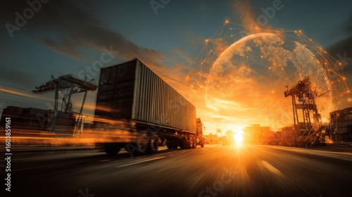 Global trade and logistics are visualized with a truck transporting goods at high speed during a vibrant sunset at a busy shipping port.