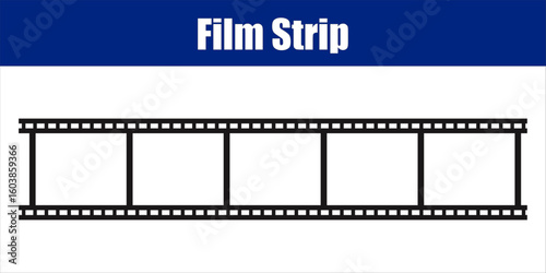 Horizontal Film Strip with Four Blank Frame Sections. Minimalist black-and-white film strip graphic featuring four blank rectangular photo slots.