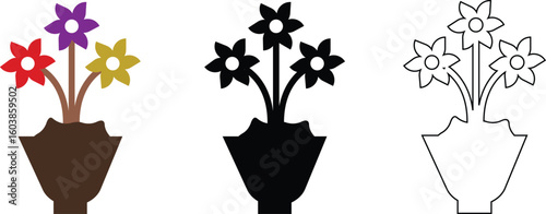 Plant and Flower Pot Icons Vector Set, Collection and Group, Botanical Potted Houseplants, Garden, Leaves, Minimal Flat Line Style, Monochrome Silhouette Graphic Bundle for Nature and Interior Design