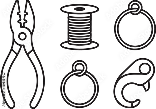 Jewelry Making Outline Icon Set Pliers, Beading Wire, Jump Rings, Clasps, and Handmade Tools
