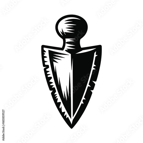 Monochrome illustration of an ancient arrowhead on a white background