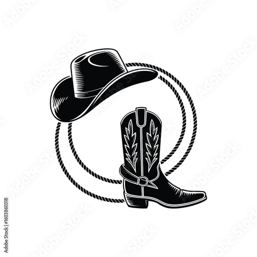 Vintage cowboy hat and boot with rope in black and white