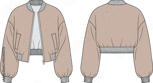 Trendy cropped bomber jacket flat sketch, rib cuffed sleeve front and back view technical drawing for fashion design and apparel CAD