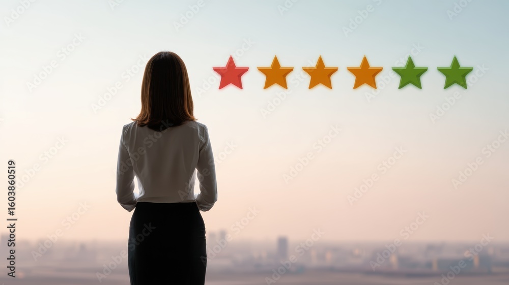 Fototapeta premium aviation business logistics customer service. Woman observing a rating system of colored stars against a cityscape backdrop.