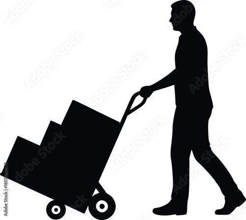 Silhouette illustration of a person walking forward while pushing a wheeled dolly. 