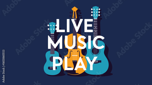 Illustrated Live Music Event Featuring Ukulele, Cello, and Guitar on a Navy Background