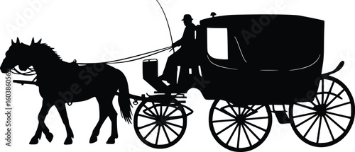 Silhouette of a horse pulling a classic carriage with large wheels in profile view