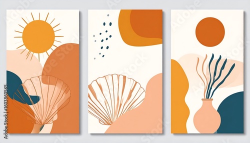 Set of three harmonious earth tone abstract paintings featuring seashells and sun shapes