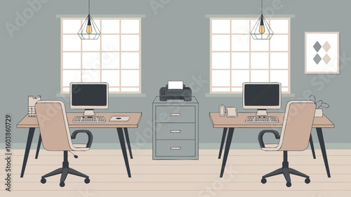 Illustrated Office Space with Two Desks, Computers, File Cabinet, Natural Light, and Minimalist Design