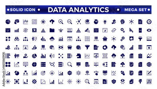 Data analytics icon set. Big data analysis technology symbol. Containing database, statistics, analytics, server, monitoring, computing, and network icons. Solid icons vector collection.
