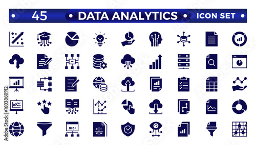 Data analytics icon set. Big data analysis technology symbol. Containing database, statistics, analytics, server, monitoring, computing, and network icons. Solid icons vector collection.
