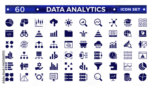 Data analytics icon set. Big data analysis technology symbol. Containing database, statistics, analytics, server, monitoring, computing, and network icons. Solid icons vector collection.
