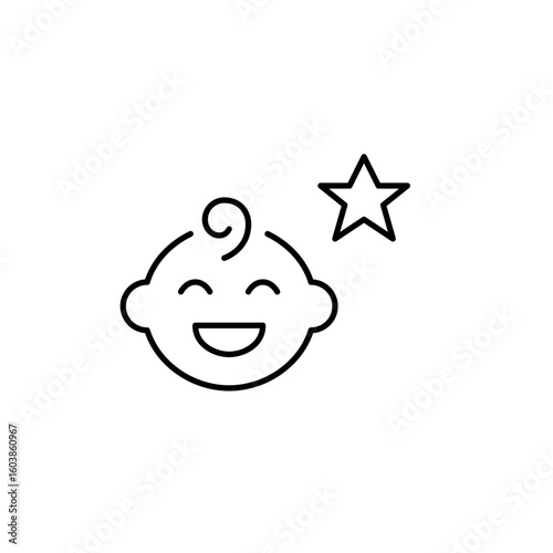 Baby boy face and star. Premium infant care, top-rated baby products. Pixel perfect, editable stroke vector icon