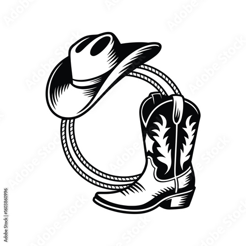 Cowboy hat boot and lasso in black and white illustration