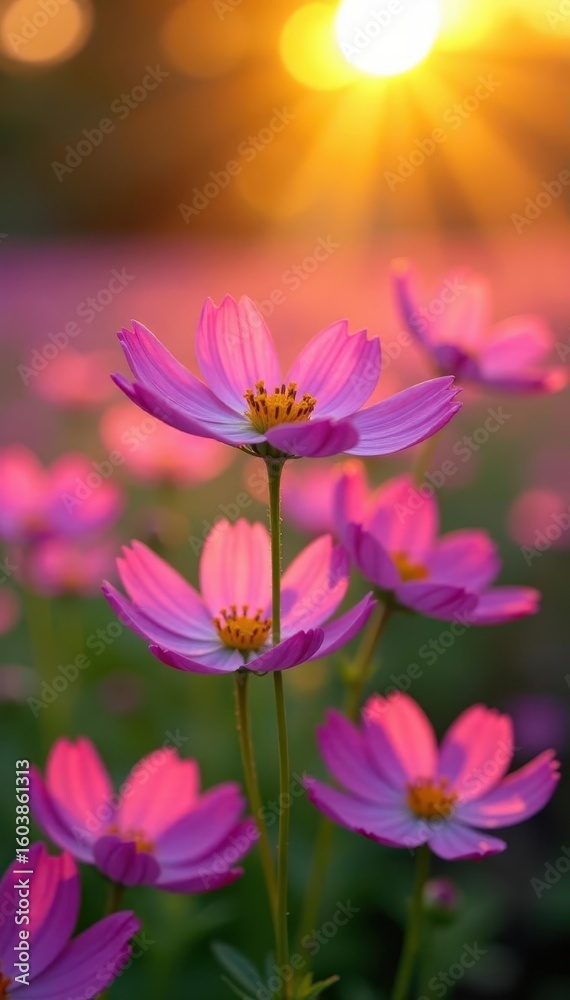 Fototapeta premium Vibrant purple cosmos sway gently, bathed in golden sunlight , landscape, wind