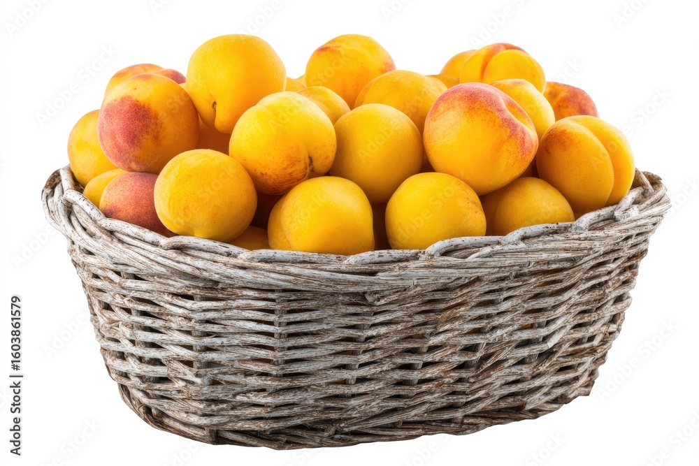 A Full Wicker Basket of Ripe Yellow Apricots on a White Background Studio Shot A Full Wicker Basket of Ripe Yellow Apricots on a White Background Studio Shot