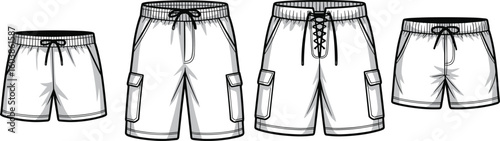Men’s board shorts technical flat sketch, swimwear fashion CAD, vector illustration for surfwear design, activewear clothing, garment industry