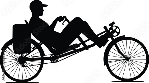 Silhouette of person riding recumbent bicycle with rear storage bag in relaxed seated posture