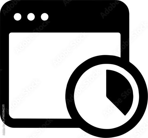 minimal black icon of  window with overlapping clock for schedule and time tracking