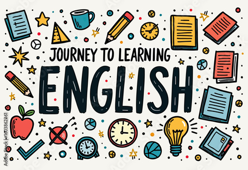 Engaging Hand-Drawn "Journey to Learning English" Vector Illustration with Educational Icons, Perfect for Inspiring Students on Online Platforms, Language Schools, or Self-Study Programs.

