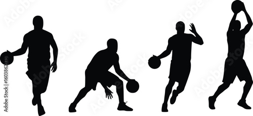 Silhouette of four basketball players dribbling, crouching, and jumping, showing energy, motion, and team play