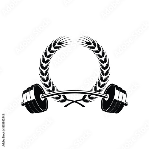 Billede på lærred Weightlifting barbell with wheat wreath fitness and sport logo design