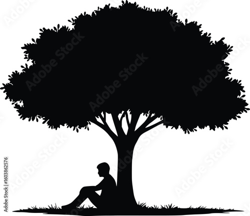 Silhouette of a person sitting beneath a broad tree canopy, conveying themes of solitude, reflection, and nature