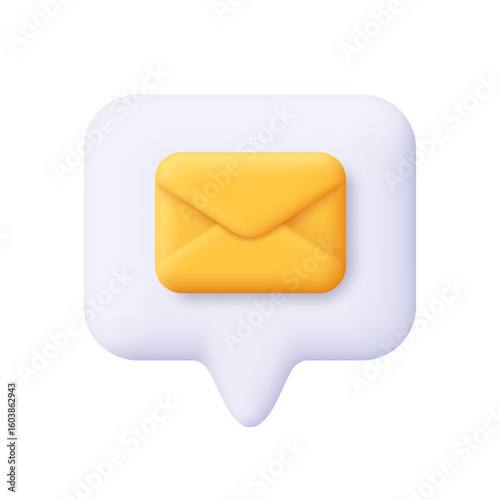White speech bubble with a yellow envelope. Messaging, email, communication, chat, notifications and customer service concept. 3d vector icon. Cartoon minimal style.