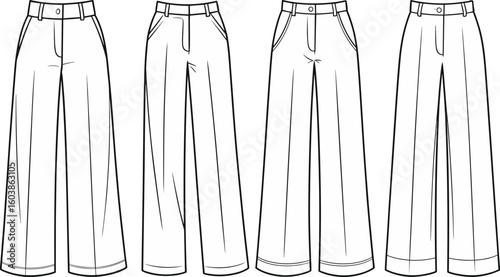 Women’s wide leg trousers technical drawing, flat front pants fashion CAD, vector illustration with detailed stitch lines and construction elements