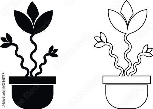 Plant and Flower Pot Icons Vector Set, Collection and Group, Botanical Potted Houseplants, Garden, Leaves, Minimal Flat Line Style, Monochrome Silhouette Graphic Bundle for Nature and Interior Design