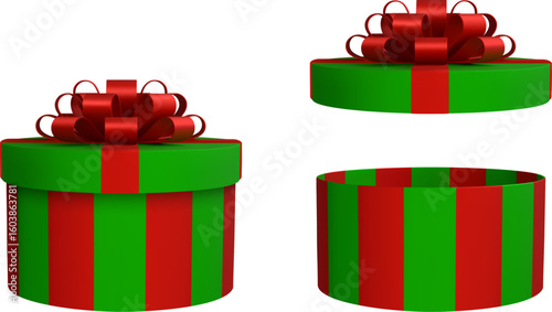 closed and open gift package with red and green stripes. isolated christmas gift box with red bow