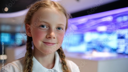 Wallpaper Mural Beautiful teen girl smiling confidently in a futuristic control room, portraying the role of future space systems engineer. Highlights bright ambition in space station environment. Torontodigital.ca