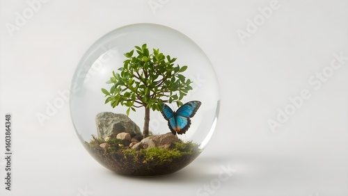 A crystal globe containing a miniature tree with a butterfly nearby, symbolizing nature conservation.