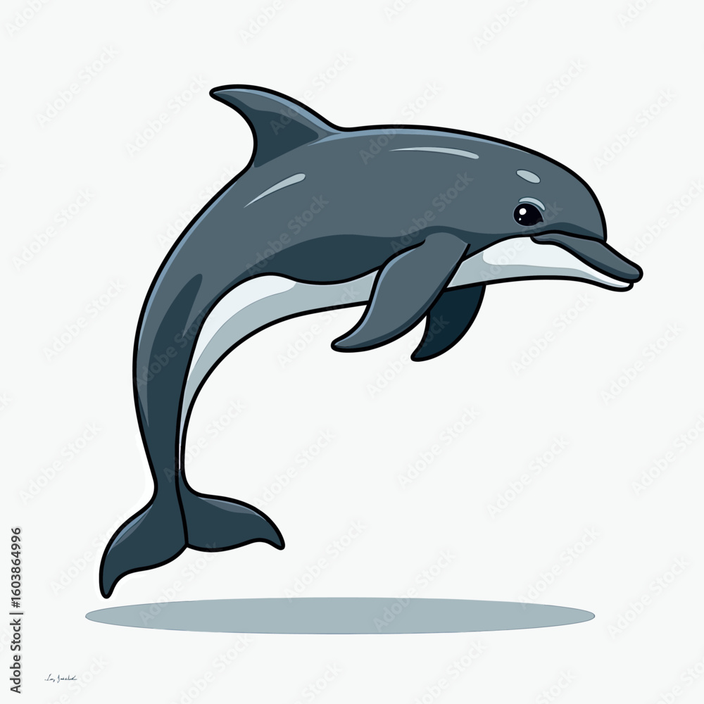 Naklejka premium Adorable Cartoon Dolphin Illustration Mid-Leap, Capturing Grace and Playfulness, Ideal for Marine Life Education, Ocean Conservation Campaigns, or Children's Aquatic-Themed Storybooks.