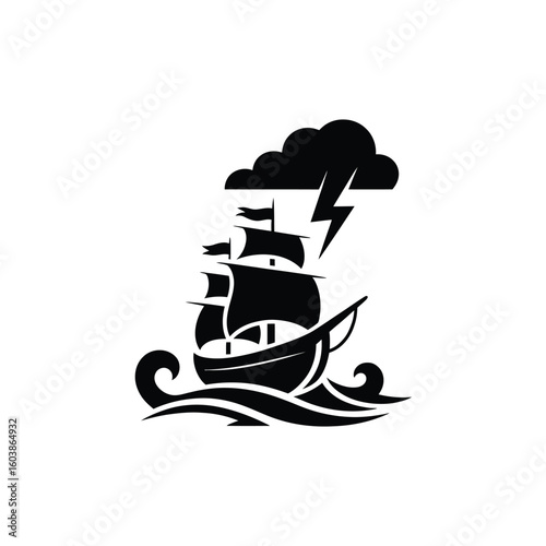 Sailing ship in storm with lightning black silhouette on white