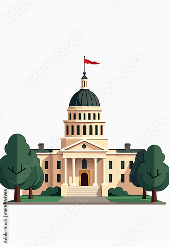 Minimalist Flat Design United States Capitol Building Illustration with Green Trees and a Red Flag, Symbolizing American Governance and National Heritage, Ideal for Educational Content or Tourism Grap