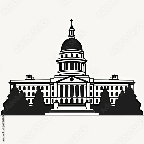 Classic Monochrome United States Capitol Building Icon Illustration, Symbolizing American Governance and History, Ideal for Educational Content, Political Graphics, or Architectural Landmark Represent