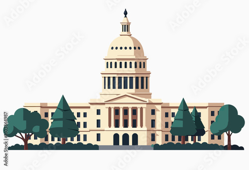 Iconic Flat Design United States Capitol Building Illustration, Symbolizing American Democracy and Government, Ideal for Educational Content, Political Graphics, or Travel Tourism Websites.
