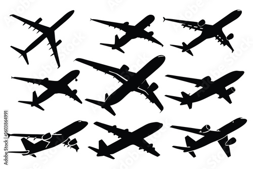 Collection of Airplane Silhouettes for Aviation Travel Industry and Transportation Concepts Featuring Various Aircraft Designs Against White Background