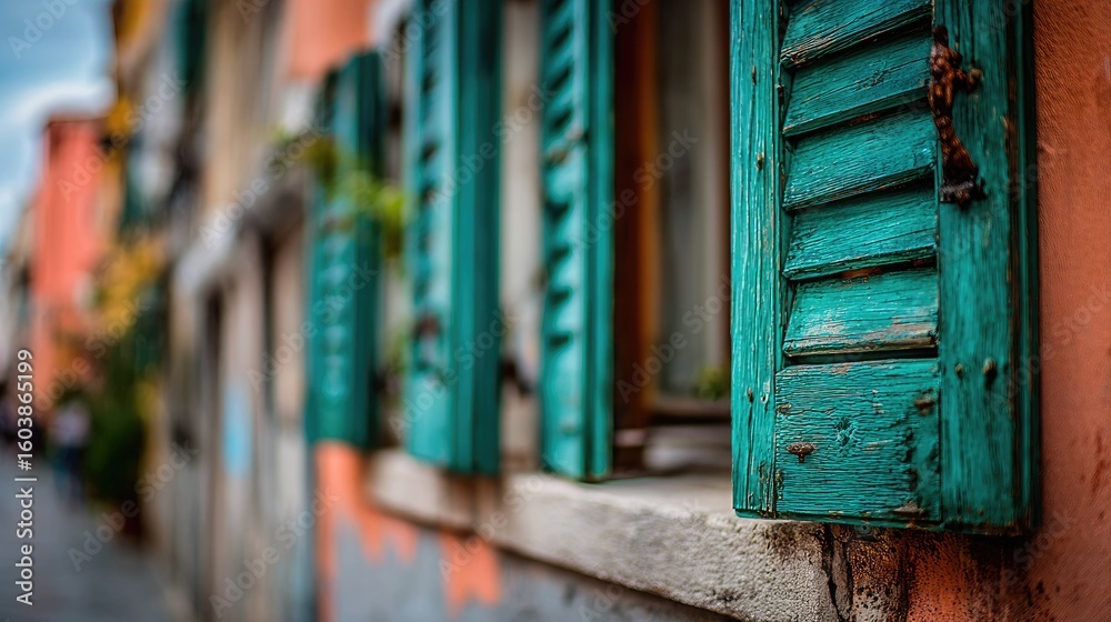 Teal shutters on a building facade. Teal shutters on a building facade.