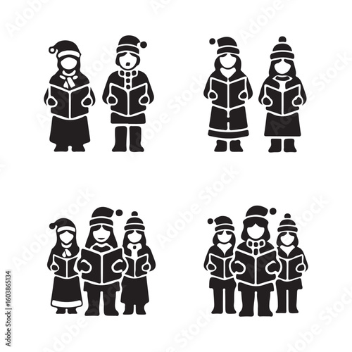 Black and white Christmas carolers singing from songbooks