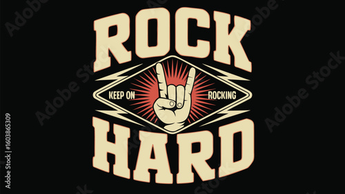 Rock Hard Design Featuring Hand Horns Symbol and Catchphrase on Black Background