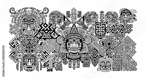 Intricate ancient Aztec art with detailed masks and geometric patterns, cultural design