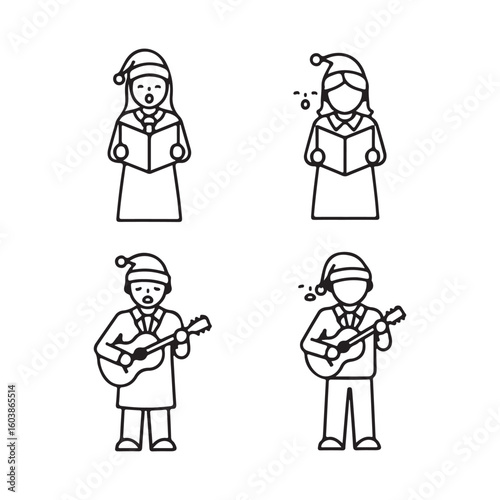 Black and White Christmas Carolers with Songbooks and Guitars