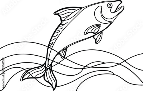 Leaping fish in stylized waves jumping water