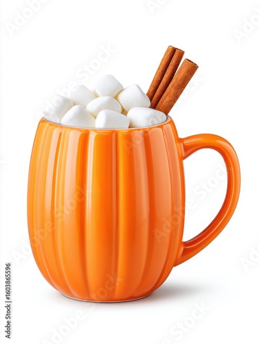 Cozy Halloween Vibes - Ceramic Pumpkin Mug with Marshmallows and Cinnamon Stick on White Background