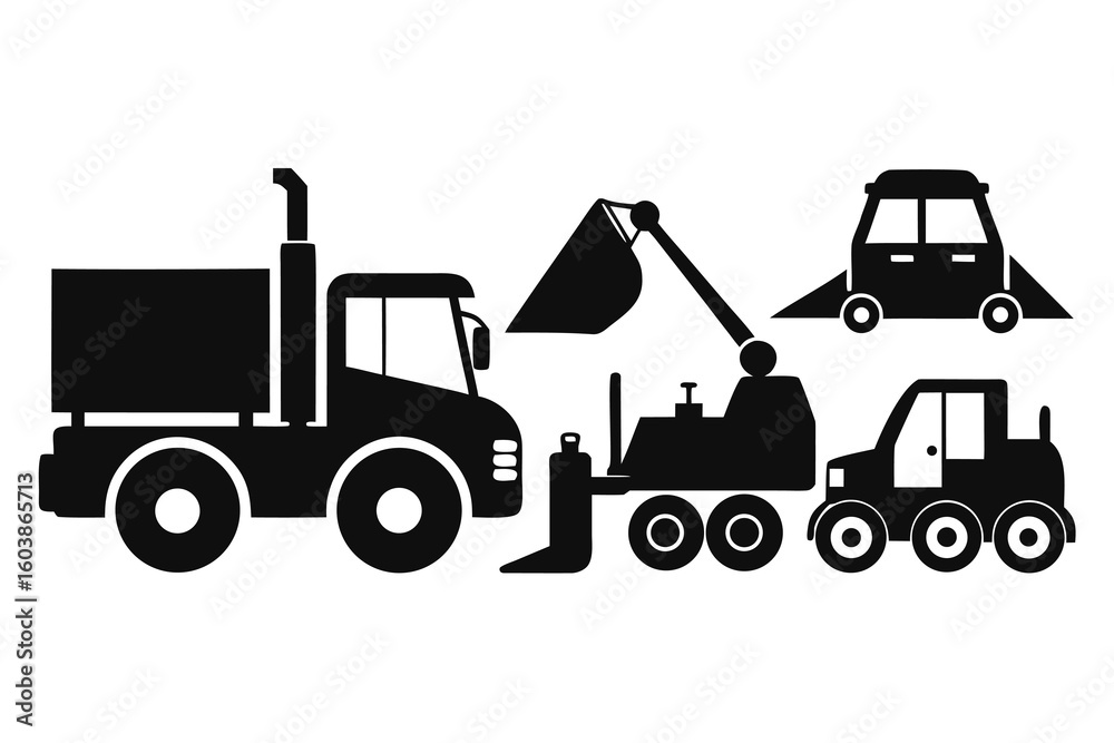 Fototapeta premium Silhouette Vector Illustration of Construction Vehicles Including a Truck Excavator and Road Roller Perfect for Infographics and Educational Materials