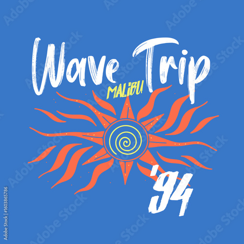 "Wave Trip Malibu '94" retro surf graphic with a stylized sun illustration. Vintage 90s California t-shirt design.