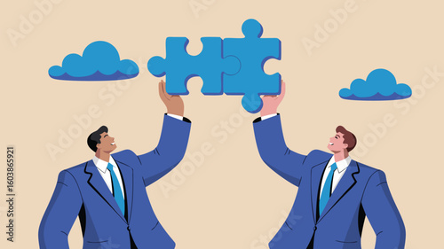 Two Businessmen Joining Jigsaw Puzzle Pieces Together, Representing Teamwork, Collaboration, and Partnership Concept