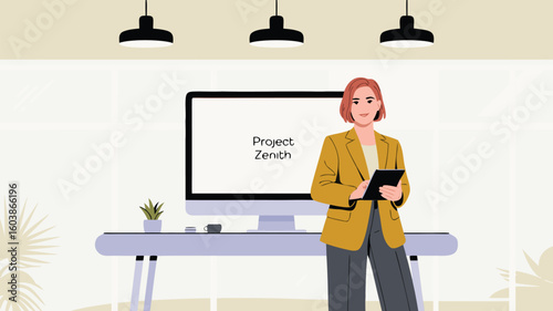 Woman in Mustard Blazer Holding Tablet in Front of Monitor Displaying Project Zenith